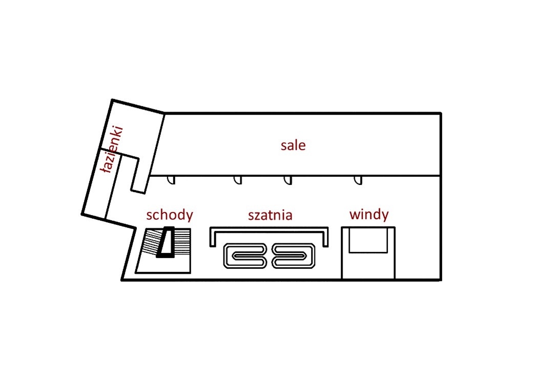 Mapa poziomu -1 z oznaczonymi łazienkami, schodami, windami, szatnią i salami.