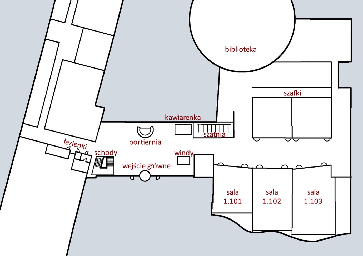 Mapa parteru z oznaczonymi wejściem głównym, portiernią, kawiarenką, łazienkami, schodami, windami, szafkami, szatniami, salami 1.101, 1.102, 1.103 i biblioteką.